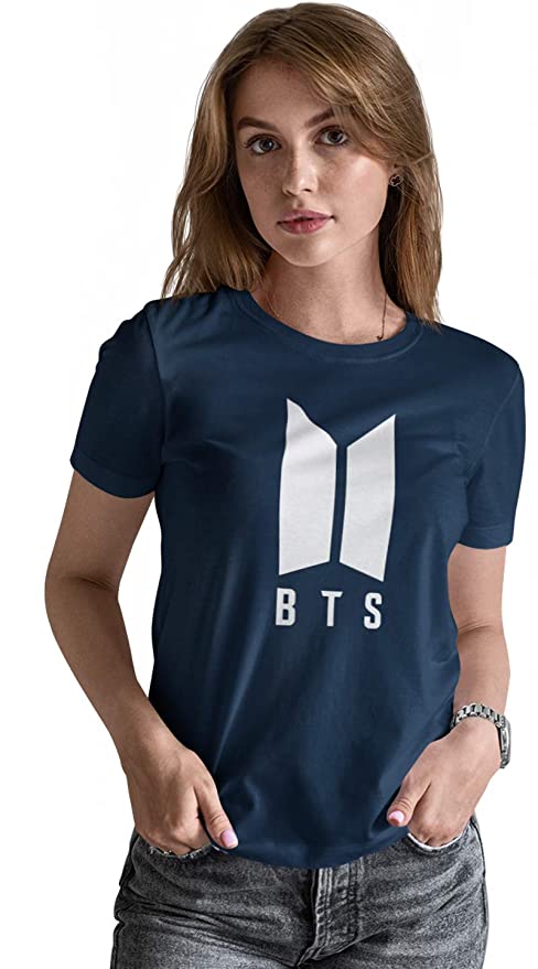 BTS PRINTED T-SHIRT ROUND NECK CASUAL NAVYBLUE