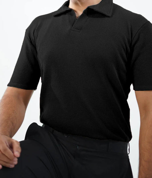 WAFFLE KNITTED POLO - BLACK