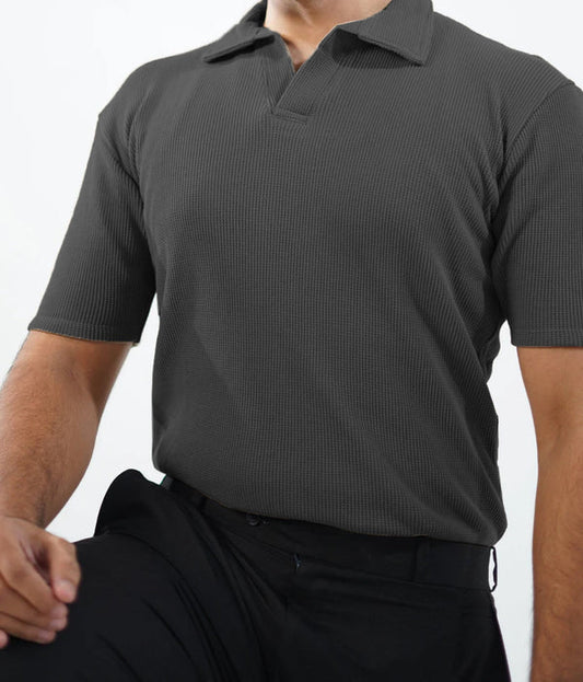 WAFFLE KNITTED POLO - CHARCOAL