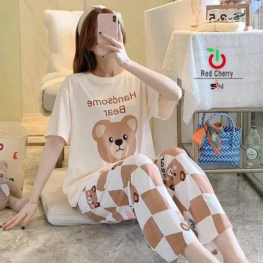 Beige Bear Printed Night Suit