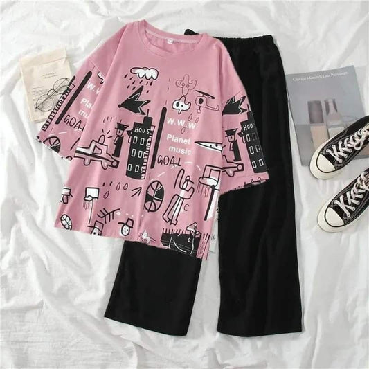 Planet Printed PJ Suit- Pink