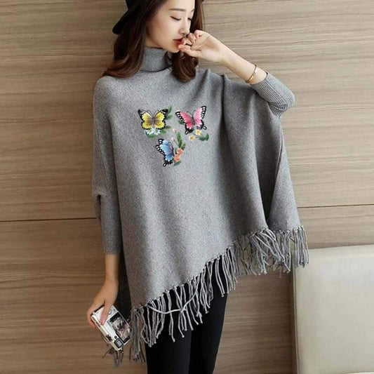 BUTTERFLY PRINTED PONCHO - GREY
