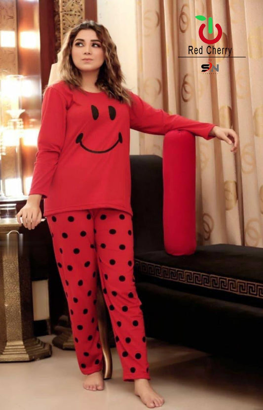 SMILEY NEW POLKA TROUSER NIGHT SUIT-RED